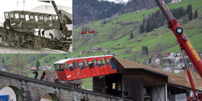 Der Wagen wird aus der Schiene gehoben.