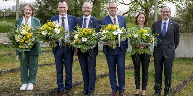 Der Regierungsrat des Kantons Thurgau: Sonja Wiesmann Schätzle, Dominik Diezi, Walter Schönholzer,  Urs Martin, Denise Neuweiler und Staatsschreiber Paul Roth. (von links nach rechts)