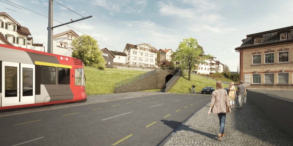 Statt auf der Strasse soll der Zug neu unter Teufen hindurchgeführt werden.