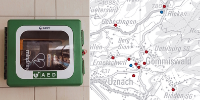12 Defibrillator-Standorte (r.) gibt es in Gommiswald, Uetliburg, Rieden, Ernetschwil, Gebertingen und Ricken (rot: immer zugänglich, blau: saisonal zugänglich).