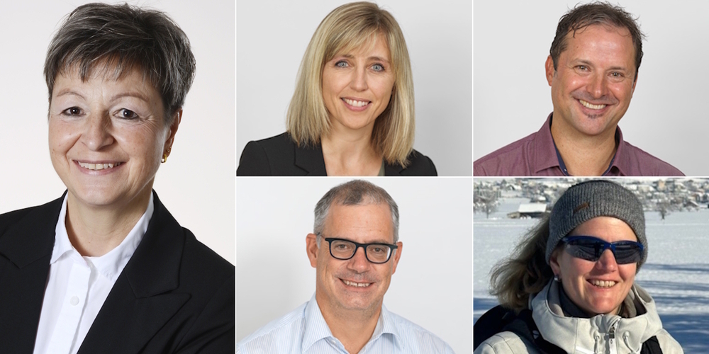 Gemeinderat Kaltbrunn: Daniela Brunner-Gmür (Präsidentin, l.), Monika Thoma-Rüdisüli (m.o.), Michael Wenk (m.u.), Roman Zahner (r.o.) und Susanne Bärtsch. 