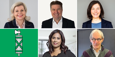 Treten zum zweiten Wahlgang an: (oben v.l.) Dana Zemp (SVP), Christof Hartmann (SVP), Bettina Surber (SP), (unten) Sarah Bösch (m.), Alfred Tobler (r.).