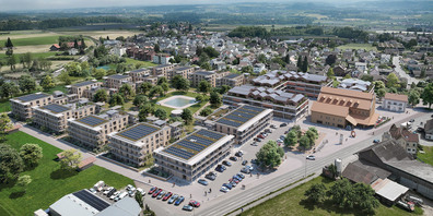 Die Visualisierung zeigt, wie die Überbauung des Ziegelei-Areals dereinst aussehen soll. Der Coop-Supermarkt soll im Erdgeschoss des Gewerbegebäudes hinter der Ziegelei Platz finden.  