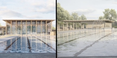 Rappi-Jonas Entscheidung: Hallen- und Freibad am untersten Limit (links) oder nur ein Freibad mit Komfort und 45 Millionen billiger? (Bild rechts)