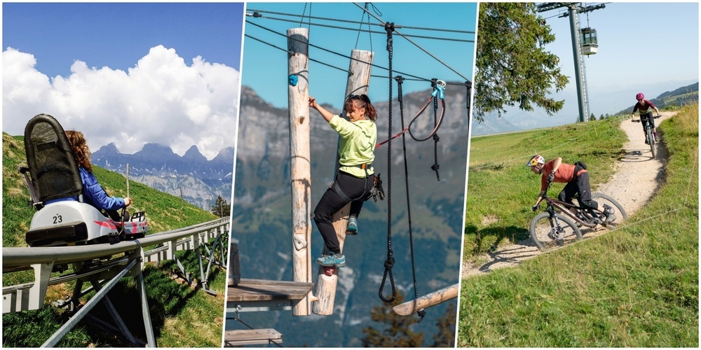 Spass am Flumserberg mit der Rodelbahn FLOOMZER, dem Kletterturm CLiiMBER und dem BikerTrail BlueSalamander.