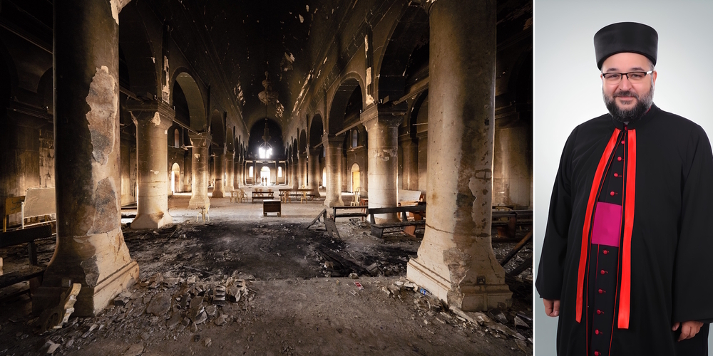 Eine durch den IS zerstörte christliche Kirche in Karakosch im Irak. Laut Pater Paulus Sati (r.) stehen die dortigen Christen vor grossen Herausforderungen.
