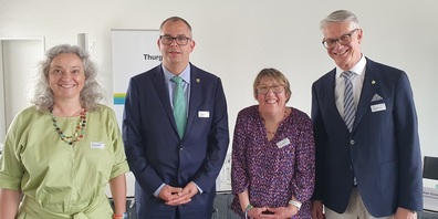 v.l.: Charlotte Mäder, Aktionspartnerin und Geschäftsstellenleiterin TAB Freizeit und Bildung; Urs Martin, Regierungsratspräsident und Chef des Departementes für Finanzen und Soziales; Susanne Rutishauser, Selbstvertretende; Stephan Eckhart, Amtsleiter Sozialamt Kanton Thurgau. 
