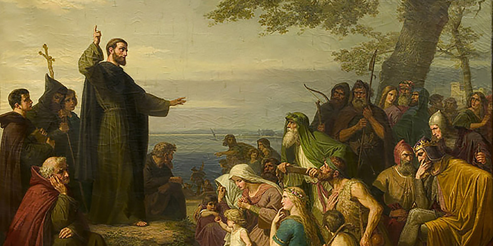 Der Heilige Gallus predigt den Alemannen am Bodensee das Evangelium.