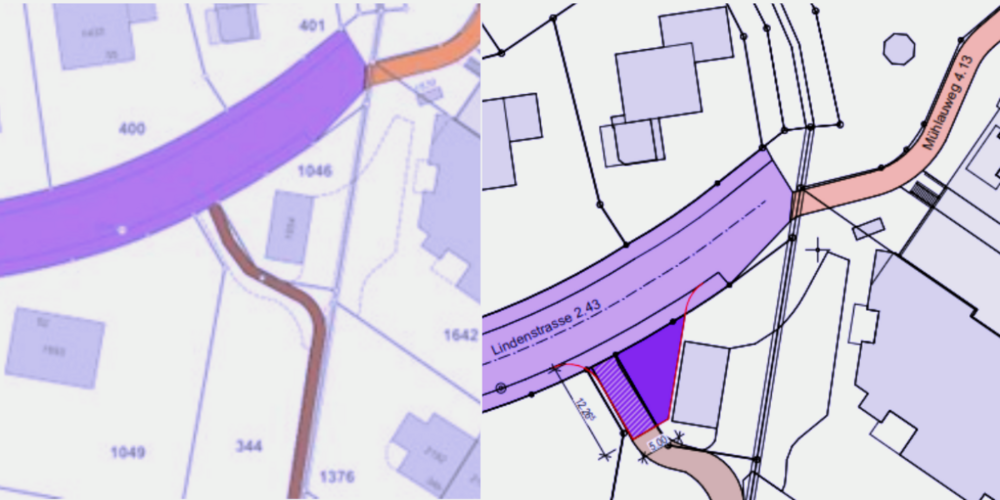 Links: Lindenstrasse; Gemeindestrasse 2. Klasse (Nr. 2.43). Rechts: Geplanter Wendehammer Lindenstrasse.