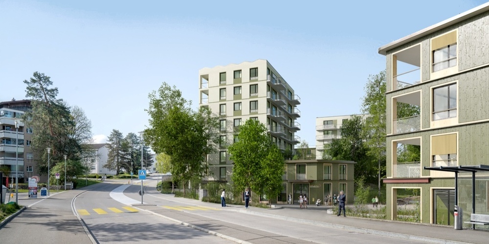 Das Zentrum in Gossau soll 40 zusätzliche Mietwohnungen und mehr Grünfläche bekommen. Rechts das geplante neue Gebäude bei der Bushaltestelle Zentrum.