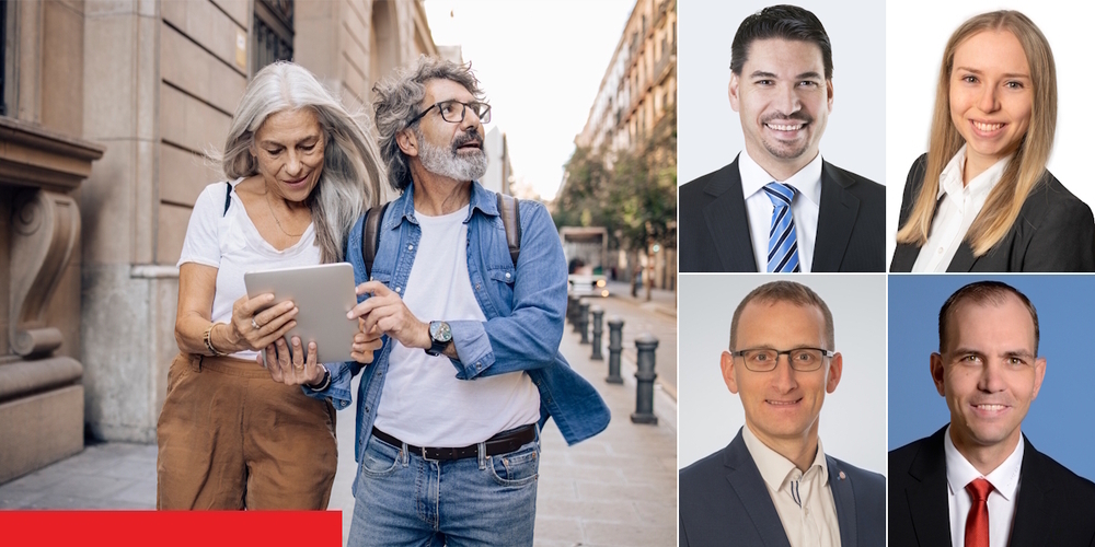 Ihre lokalen Vorsorgespezialisten beraten Sie kompetent und ganzheitlich: Peter Rüegg (Raiffeisenbank Rapperswil-Jona), Markus Stoffel (Raiffeisenbank Schänis-Amden), Janine Jud (Raiffeisenbank Benken) und Thomas Lobsiger (Raiffeisenbank am Ricken).