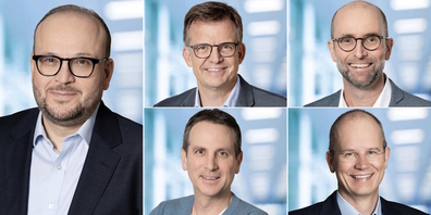 FDP-Kandidaten: Stadtpräsident Martin Stöckling (l.), GPK-Mitglieder Claudio Rathgeb (m.o.), Michael Siegrist (m.u.), Schulrat Roger Kündig (r.o.), Christian Meier (neu).
