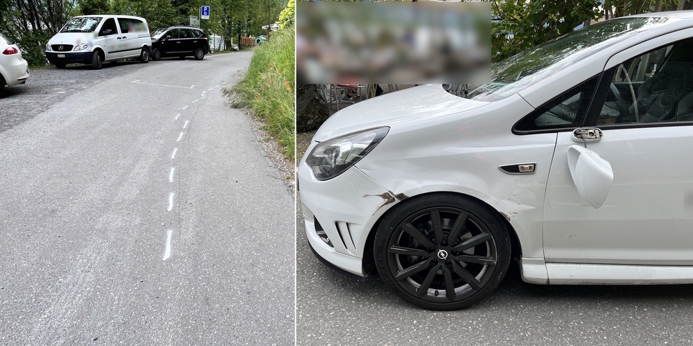 Die Unfallstelle an der Betliserstrasse (l.) und das Auto des Unfallverursachers. Insgesamt entstand Sachschaden von mehreren tausend Franken.