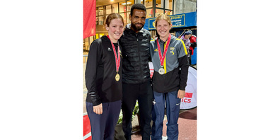 Der sympathische Schweizer Weltklasseläufer Tadesse Abraham gratulierte den LCS-Talenten Amaja (l.) und Malin Rahm persönlich zu ihren SM-Medaillen.