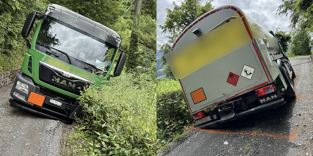 Glück im Unglück: Dieser Tanklaster ist am Chriesisteiweg in Walenstadt über den Strassenrand hinausgekommen, dann aber hängengeblieben.