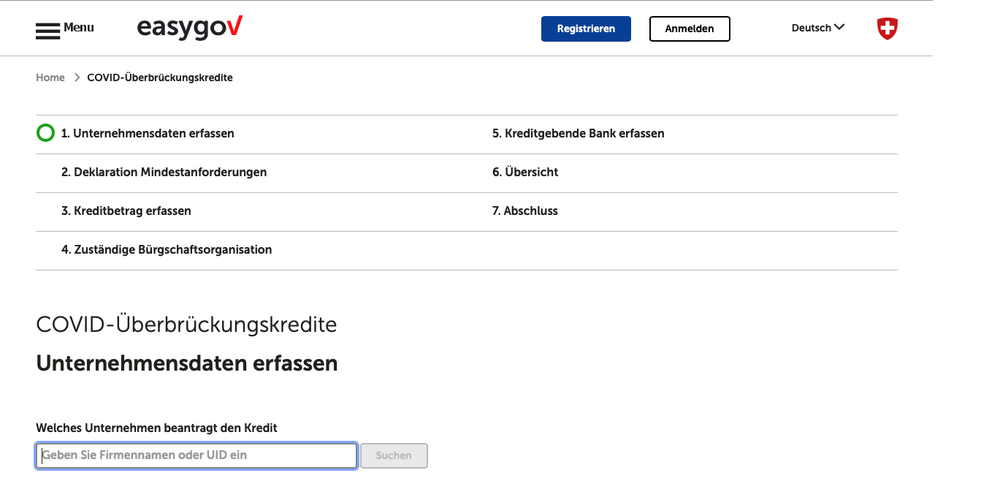 Auf easygov.swiss können Unternehmer in zehn Minuten und sieben Schritten ganz einfach ein Gesuch für einen Überbrückungskredit stellen.