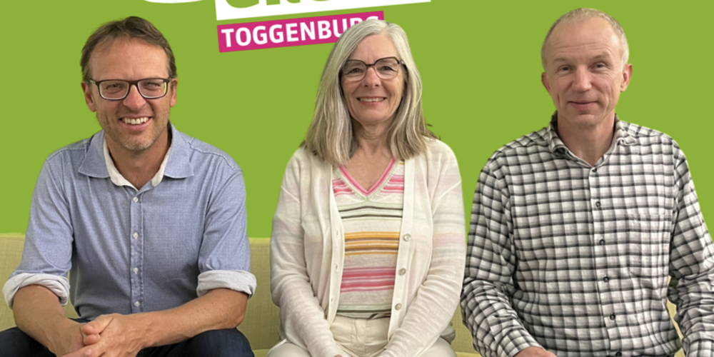 Vorstand der Grünen Toggenburg, von links: Marco Fäh (Necker), Monika Mutti-Schaltegger (Mosnang), Michel Haller (Präsident, Lichtensteig)