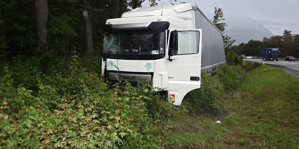 Raststättenausfahrt verpasst: Lastwagen endet in angrenzendem Wiesland.