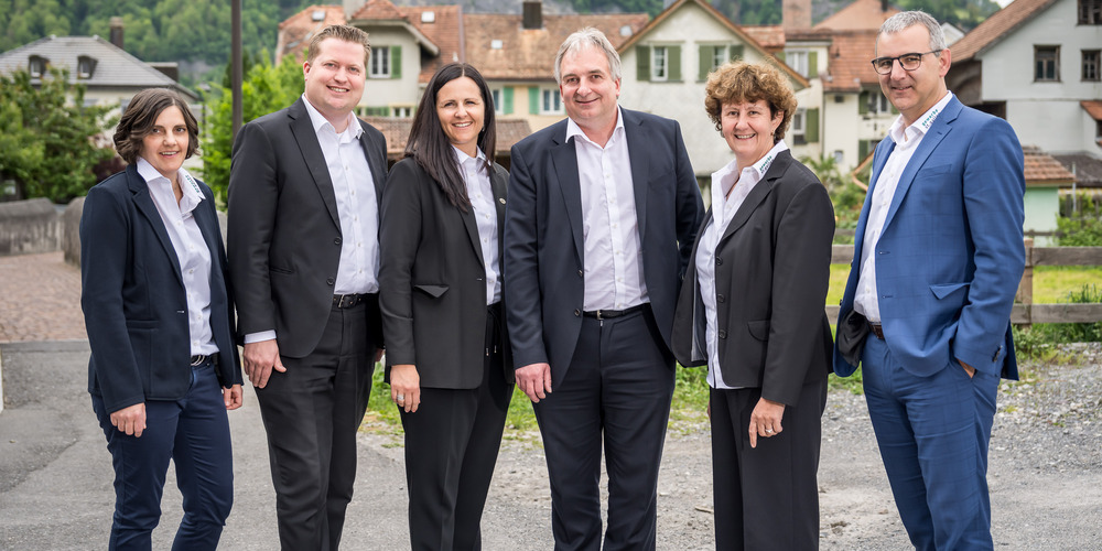 Die neu gewählten Vorstandsmitglieder: Rebekka Rebmann-Kunz, Bernhard Zahner, Andrea Abderhalden, Stefan Frick, Irène Baumann, Christian Lippuner