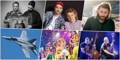 Volles Programm am Seenachtsfest (o.v.l.n.r.): Animal Trainer, Headliner Dabu Fantastic sowie Baschi, (u.v.l.n.r.): Patrouille Suisse, Schwiizergoofe und The Rubbernecks.