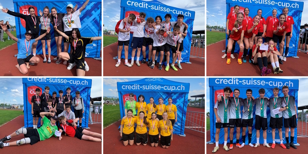 Die Siegerteams: (oben v.l.) D Mädchen 1. Oberstufe: Eschenbach Kuster, A Knaben 1. Oberstufe: Jona Rain Freuler, E Mädchen 2. Oberstufe: Jona Weiden Pszoniak; (unten v.l.) B Knaben 2. Oberstufe: Jona Weiden Andreic, F Mädchen 3. Oberstufe: Eschenbach Giampietro, C Knaben 3. Oberstufe: Kaltbrunn Huber.