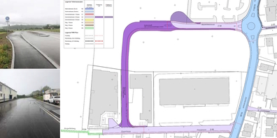 Bis auf den fehlenden Deckbelag ist die verlängerte Wiesentalstrasse (l.) fertig und benutzbar. Ausschnitt aus dem Teilstrassenplan des zugehörigen Auflageprojekts.