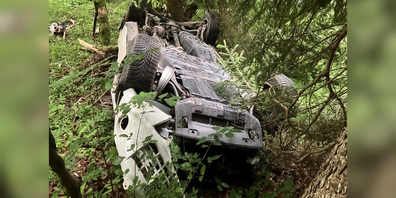 Nach mehreren Kollisionen und Überschlägen kam das Auto im steil abfallenden Waldstück zum Stillstand und ist schrottreif. Der Lenker blieb unverletzt.