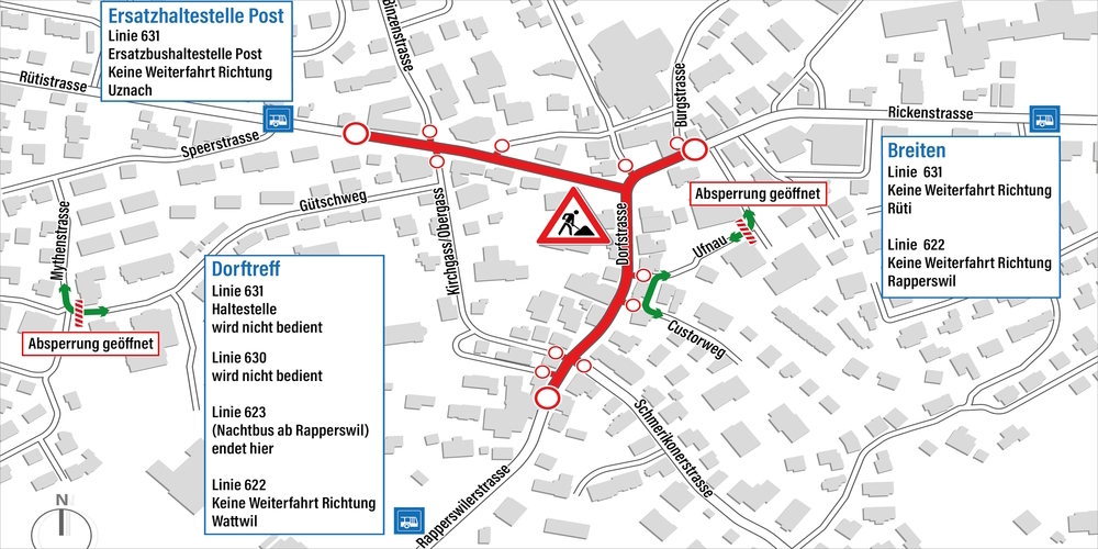 Plan zur Wochenend-Vollsperrung des Eschenbacher Dorfkerns. Diese beginnt am Freitag, 5. Juli 2024, ab 22:30 Uhr und dauert bis Montag, 8. Juli 2024, 5 Uhr.
