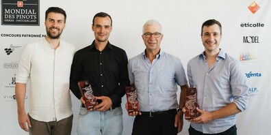 (v.l.n.r.) Alessio Brugnara, Kellermeister Weingut Jürg Obrecht, Benjamin Obrecht vom Weingut Obrecht, Andrea Lauber vom Weingut Lauber, Gaudenz Thürer von Thürer Weine. Nicht auf dem Bild: Georg Schlegel Junior, Weingut zur alten Post.