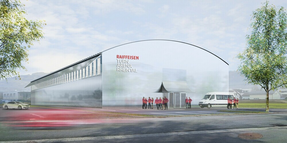 Eine erste Visualisierung der geplanten Turnarena Rheintal mit neuem Hallensponsor Raiffeisen