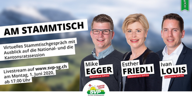 An ihrem interaktiven, virtuellen Stammtisch werden die drei SVP-Politiker auch auf Publikumsfragen eingehen, die sich über sekretariat@svp-sg.ch einreichen lassen.