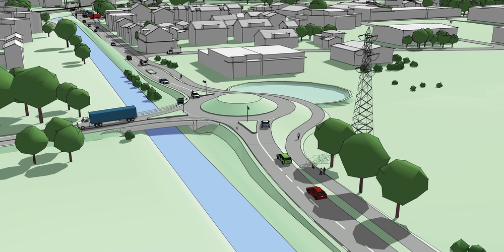 Visualisierung des Kreisels Grynaustrasse der regionalen Verbindungsstrasse A15-Gaster in Uznach.