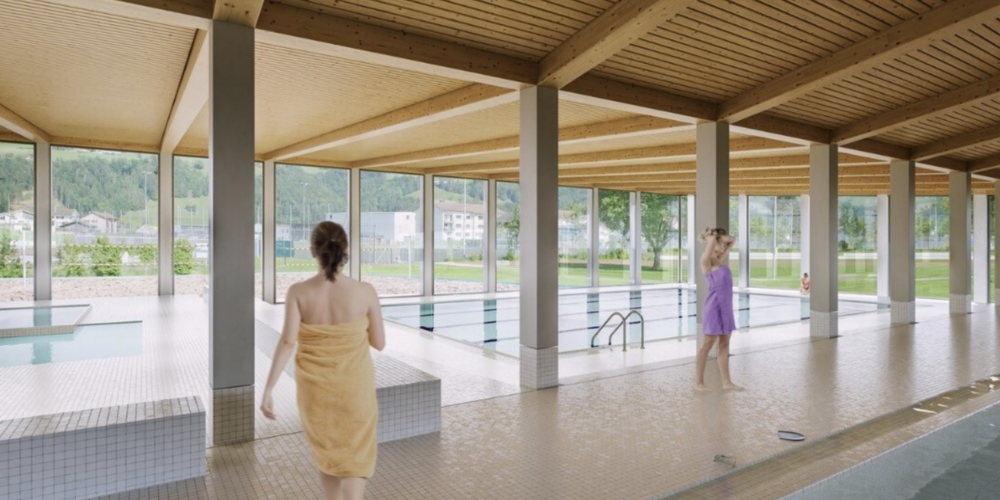 Die Zukunft beginnt mit Weitsicht. Visualisierung: mögliche Variante Sanierung und Erweiterung Hallenbad Bütschwil (Vorprojekt)