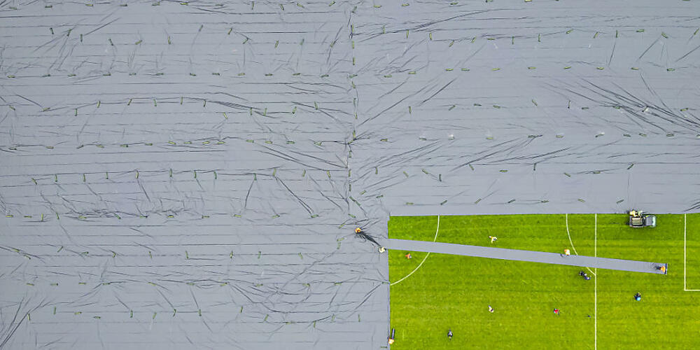 Die Fussballplätze der Klotener Sportanlage Stighag wurden mit Folie abgedeckt. Zur Flugzeit hinderten diese wohl unzählige Japankäfer am ausfliegen. (Archivbild)