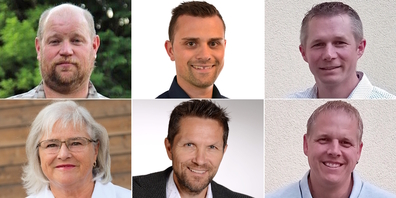 Bürgerliche Gemeinderatskandidierende: (o.v.l.) Hugo Gämperle (Mitte, bisher), Matthias Thoma (Mitte), Daniel Ritter (SVP), (u.v.l.) Regina Zweifel (Mitte, bisher), Urban Gräzer (FDP), Bernhard Schwyter (SVP).