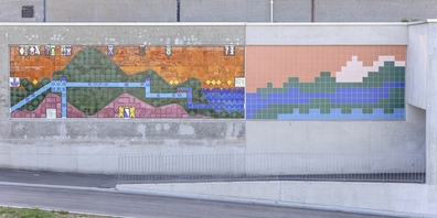 Das Wandmosaik von Warja Lavater von 1972 (links) wurde weitergeführt von der Szenografin und Künstlerin Sonja Koch (rechts) am Reservoir und am neuen Pumpwerk Strickhof. 