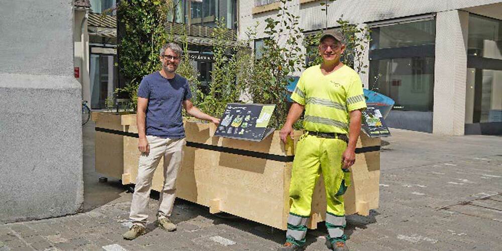 Projektleiter Carlo Ursprung (links) und Martin Cavelti von der Stadtgärtnerei vor der Pocket-Schwammstadt an der Poststrasse. Diese veranschaulicht das Konzept der Schwammstadt und sensibilisiert die Bevölkerung für Klimamassnahmen.