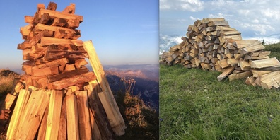 Holz für das Höhefeuer auf dem Gipfel des Schibenstoll (rechts) sowie gestapeltes Holz für das Feuer auf dem Selun