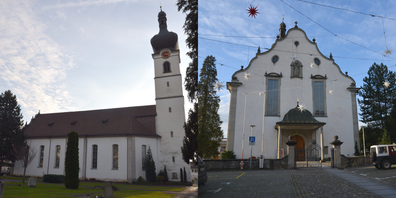 Die Kaltbrunner Kirche St.Georg stammt aus der ersten Hälfte des 19. Jahrhunderts. Vor ihrem Eingang (rechts) erstreckt sich ein Dorfplatz.