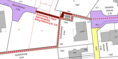 Gemeindestrassenplan Stand Mai 2024 mit neuem Gemeindeweg 2. Klasse Bifang-Felsenburg (Nr. 5.56).