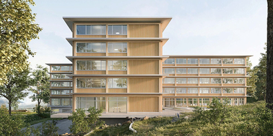 Eine Visualisierung des geplanten Verwaltungszentrums im Kaltbach in Schwyz.