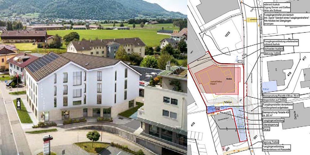 Visualisierung des Neubau «Alte Post» (l.) und Lenkung des Fussverkehr während Bauzeit (rot = Baustellenperimeter).