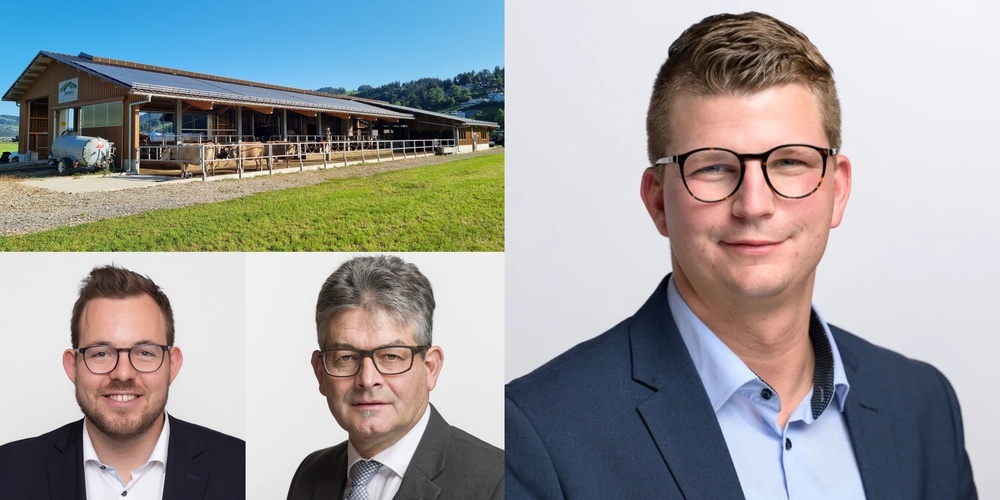 Zu Gast auf dem Hof mit neuem Laufstall in Ulisbach sind Mike Egger (gross) und Martin Haab. Die Diskussion wird moderiert von Christian Vogel, u.l.