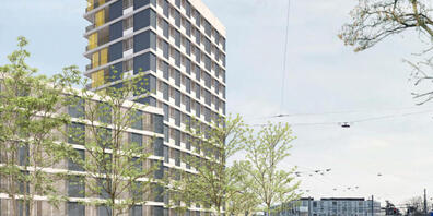 Das geplante Hochhaus für Familienwohnungen am Bucheggplatz. (Visualisierung)