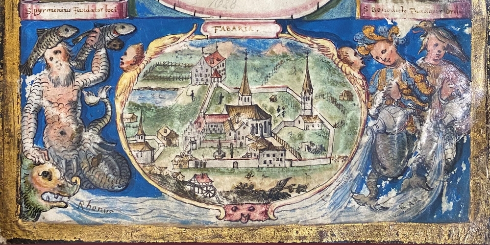 Ausschnitt aus dem Titelblatt der Pfäferser Klostergeschichte aus dem Jahr 1628 mit der einzigen überlieferten Darstellung der vorbarocken Pfäferser Klosteranlage.