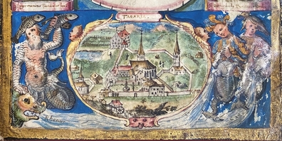 Ausschnitt aus dem Titelblatt der Pfäferser Klostergeschichte aus dem Jahr 1628 mit der einzigen überlieferten Darstellung der vorbarocken Pfäferser Klosteranlage.