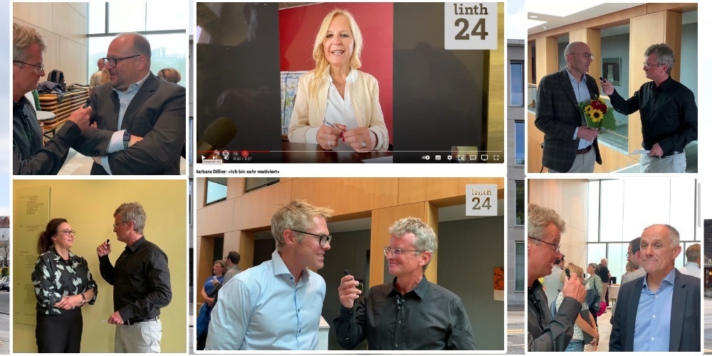 Im Interview: oben: v.l. Martin Stöckling, Barbara Dillier, Boris Meier; unten: v.l. Tanja Zschokke, Joe Kunz, Christian Leutenegger