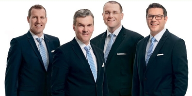 Die Geschäftsleitung der Alpha Rheintal Bank: Roland Bartholet (Leiter Private Banking), Reto Monsch (Vorsitzender), Andreas Reis (Leiter Services) und Mike Düsel (Leiter Firmenkunden)