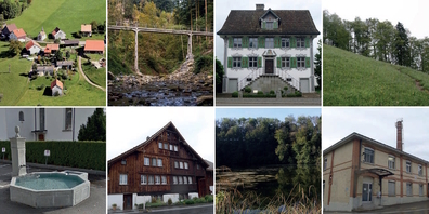 (o.v.l.) Dorf Gibel; Hebeltobelbrücke; Custorhaus Eschenbach; neues Naturschutzgebiet Dägelsberger Wiesli; (u.v.l.) Dorfbrunnen Goldingen; Vielzweckbauernhaus von 1737 in Bürg; Aatalweiher; Federnfabrik Baumann.