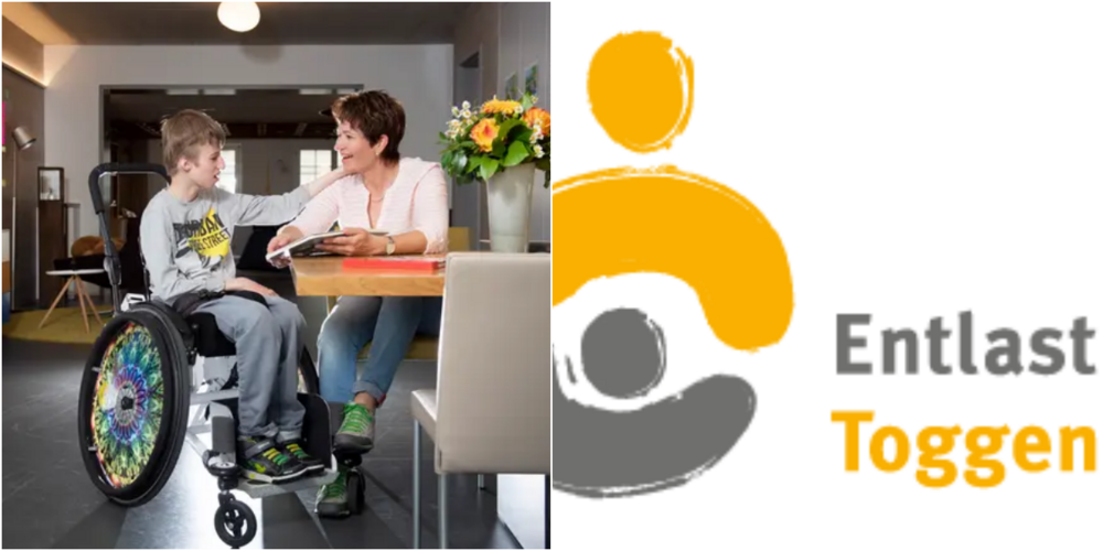 Leander und seine Mutter, Monika Hasler und Logo Entlastungsdienst Ostschweiz, Toggenburg. 